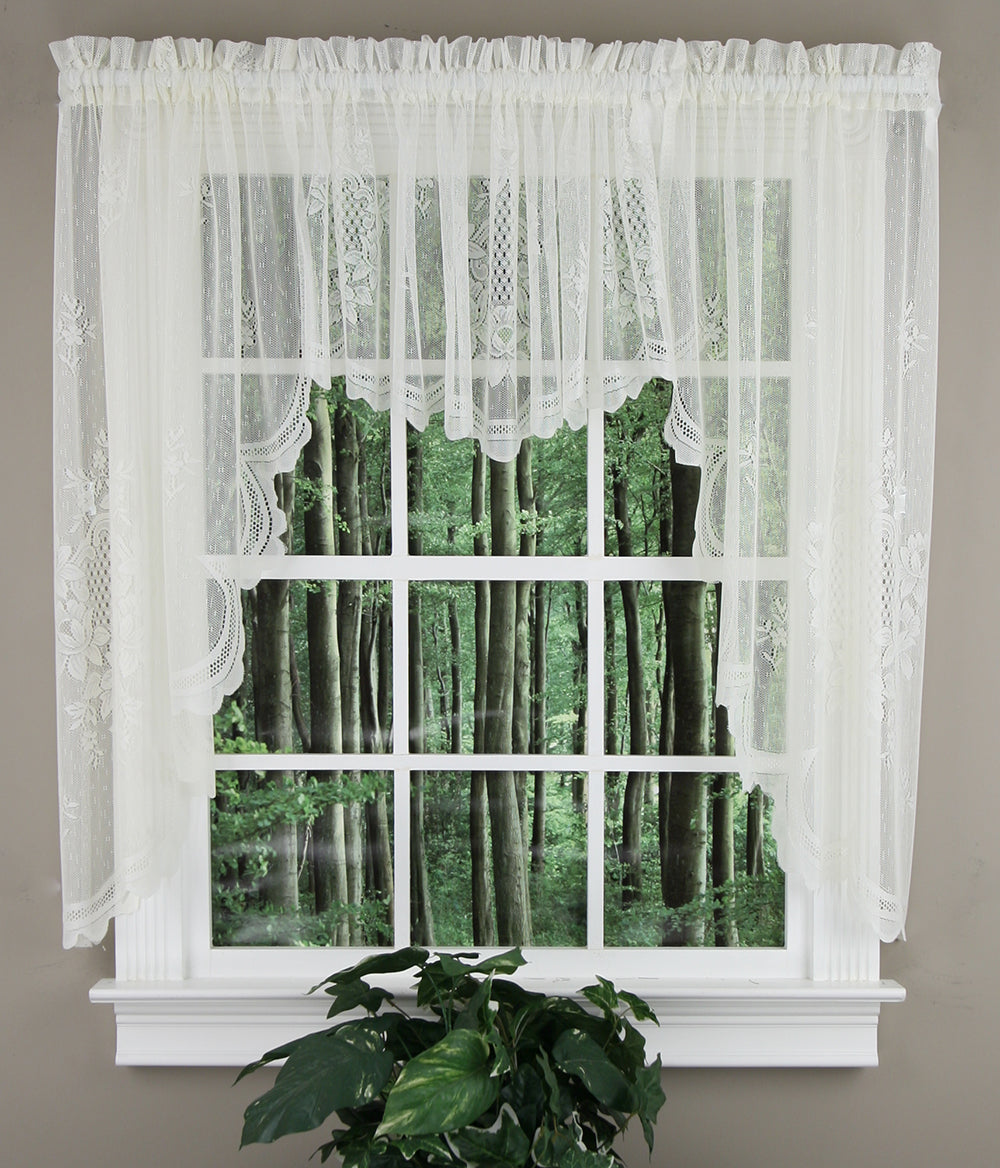 Cameo Rose Lace Country Swag Curtains Ivory Jabot & Swag Kitchen